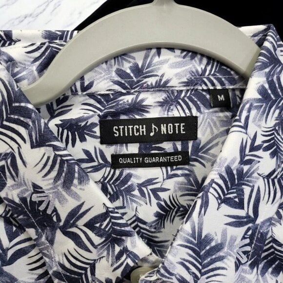Stitch Note Mens Navy White Tropical Print Short Sleeve Cotton Shirt NEW Medium - Picture 3 of 8